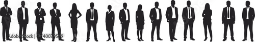 Silhouettes of diverse business people in formal office attire standing together representing teamwork, leadership, corporate culture, and professional success illustration