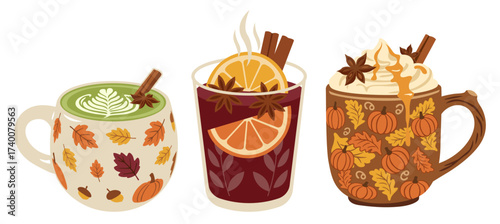 collection of cozy autumn drinks: matcha latte, mulled wine, pumpkin spice latte in a mug with fall leaves, vector cartoon seasonal illustration set