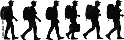 Silhouette of walking man with backpack, travel journey concept, hiking adventure illustration, backpacker clipart, outdoor exploration, tourist walking vector