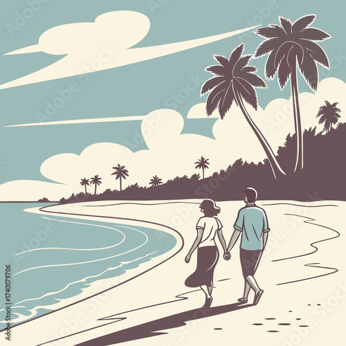 Vector art of a couple walks hand in hand along a tropical beach, palm trees lining the shore, creating a romantic and idyllic scene, perfect for a honeymoon or a peaceful escape from everyday life