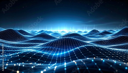 Abstract Digital Landscape with Glowing Lines and Dots in Blue