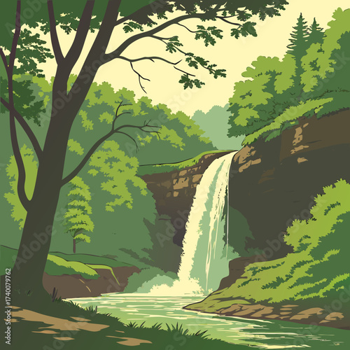 Vector art of a picturesque waterfall cascades down a rocky cliff, surrounded by lush green trees and foliage, creating a serene and tranquil scene in natures embrace, a perfect escape to the wild