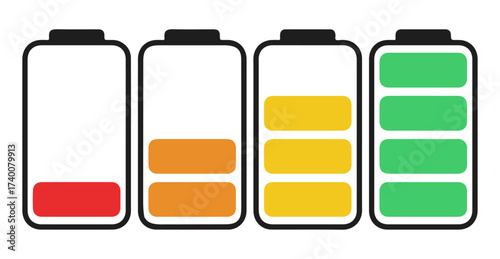 Battery Charge Icon Set – Power Level Symbols for Energy, Device UI, and Mobile App Interfaces