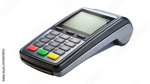 A modern credit card payment terminal with a blank screen and keypad isolated on transparent background, ready for secure transactions