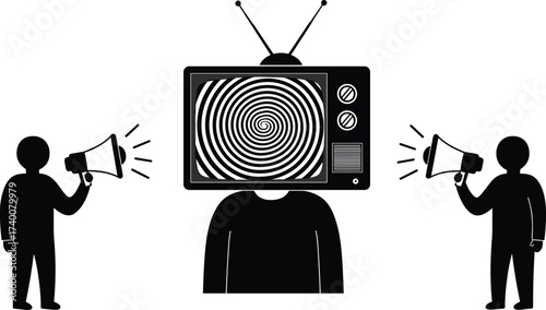 Media manipulation concept illustration, television hypnosis, propaganda influence, people shouting with megaphone, brainwashing by mass media, 