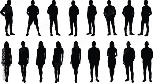 Silhouettes of diverse men and women standing in casual clothing representing lifestyle, society, individuality, community, human figures, and fashion illustration