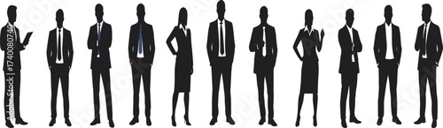 Silhouettes of professional business people in formal office attire standing together representing teamwork, leadership, career success, corporate culture, and collaboration illustration