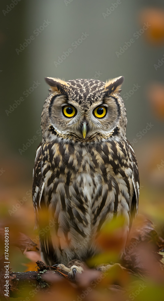 Fototapeta premium Great horned owl in flight over nature wildlife scene
