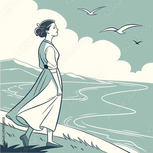 Vector art of a serene illustration of a woman in a dress standing by the sea, gazing at the horizon with birds flying above, mountains in the background, evoking a sense of peace and contemplation