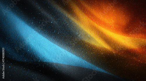Vibrant abstract background featuring glowing orange, blue, and yellow color waves with dark grainy texture. Modern noise flow design ideal for banners, posters, and digital art compositions.
