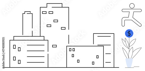Skyscrapers surrounded by clean lines, symbolic figure leaping, and plant with a growing dollar sign. Ideal for business, economy, growth, development, urban planning success investment. A simple