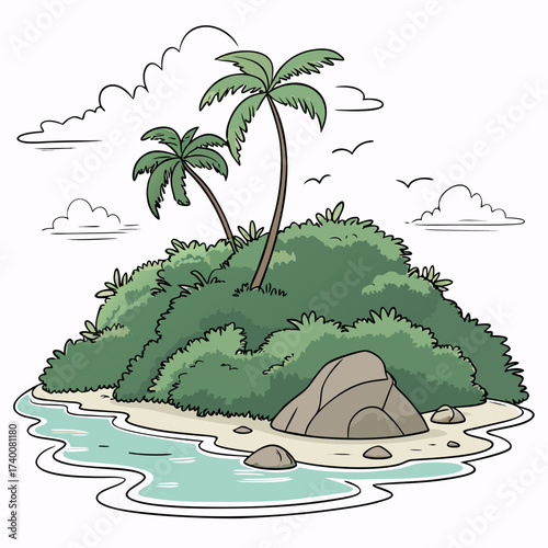 Vector art of a tropical island paradise with palm trees, lush vegetation, sandy beach, and clear turquoise water, a serene and idyllic escape to nature