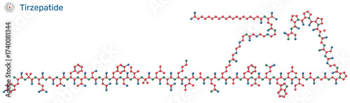 Tirzepatide molecule. Dual GIP and GLP-1 receptor agonist peptide drug for treatment of type 2 diabetes and obesity. Sheet of paper in a cage. Molecular model. Vector Illustration