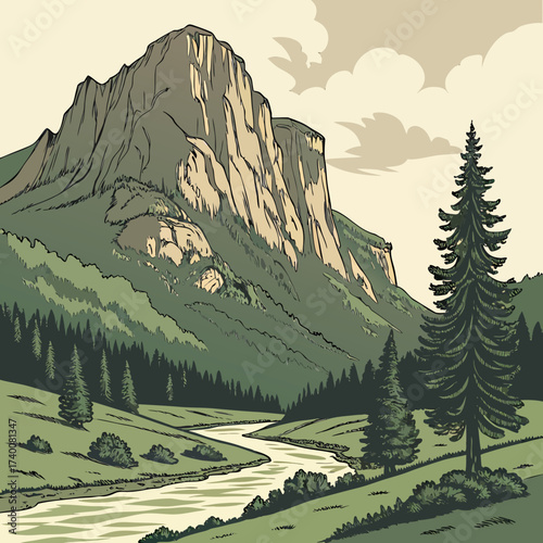 Vector art of a majestic vector landscape illustration captures a towering mountain range with a winding river flowing through a lush valley, showcasing the grandeur of natures beauty