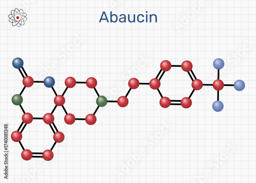 Abaucin molecule. Narrow-spectrum antibiotic targeting Acinetobacter baumannii. Sheet of paper in a cage. Molecular model. Vector Illustration