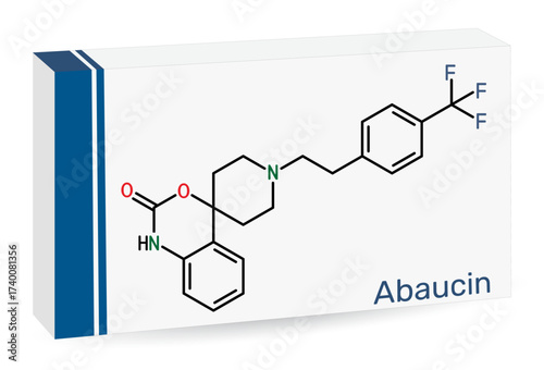 Abaucin molecule. Narrow-spectrum antibiotic targeting Acinetobacter baumannii.Skeletal chemical formula. Paper packaging for drugs. Vector illustration