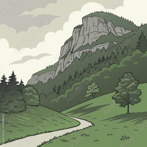 Vector art of a scenic mountain landscape illustration featuring a winding road leading towards a majestic cliff, surrounded by lush greenery and trees, capturing the essence of natures grandeur