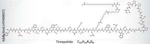 Tirzepatide molecule. Dual GIP and GLP-1 receptor agonist peptide drug for treatment of type 2 diabetes and obesity. Vector illustration