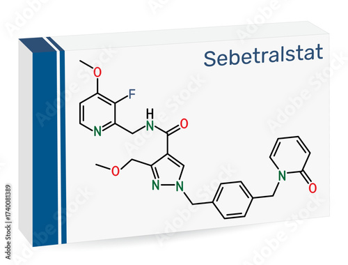 Sebetralstat molecule. Oral plasma kallikrein inhibitor investigated for hereditary angioedema treatment. Skeletal chemical formula. Paper packaging for drugs. Vector illustration