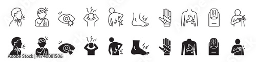 Injury icon set, Human joints, knees, hands, pain icons. Vector illustration