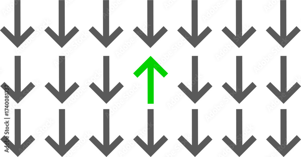 Ταπετσαρία distinctive green upward arrow, surrounded by numerous gray downward arrows, con