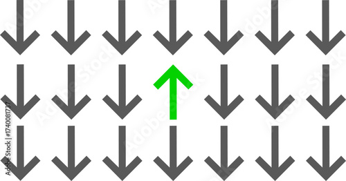 distinctive green upward arrow, surrounded by numerous gray downward arrows, concept of uniqueness and highlight dissent with the norm