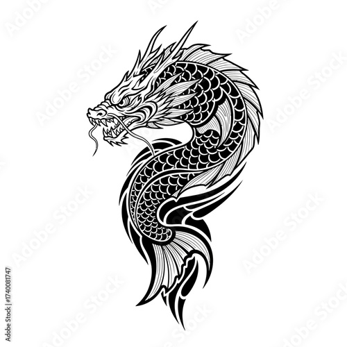 Detailed Illustration of a Majestic Dragon: Black and White Line Art Depiction