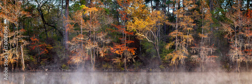 Morning Fog On The Big Cypress Bayou Panorama with mist and autumn trees calm water and refections