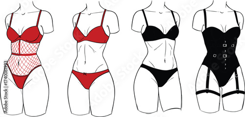 Sexy lingerie fashion illustration set, women’s underwear collection with bra, panties, corset, bodysuit, intimate apparel design vector, stylish feminine silhouette