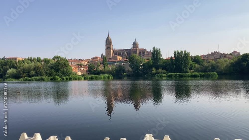 Salamanca Cathedral with its majestic twin cathedrals and intricate Gothic and Baroque architecture dominating the city skyline in Salamanca, Spain
