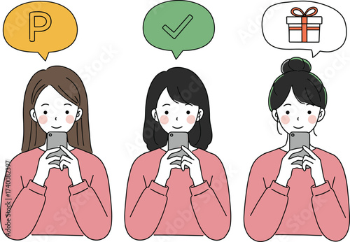 Three cartoon women using smartphone with speech bubbles showing point symbol, check mark, gift box, digital communication, reward system, kawaii vector illustration