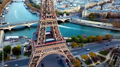 Eiffel Tower Aerial View: Paris Cityscape and Seine River
