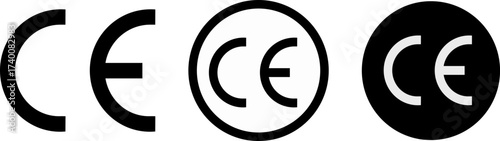 Set of icons with variations in filled and outlined styles, CE marking concept and illustrating European regulatory compliance