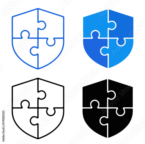 Puzzle Shield Icon Set – Interlocking Pieces in Blue and Black for Security, Integration, and Team Collaboration Concepts