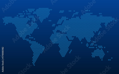 Vector illustration of the world map, composed of a hexagonal grid, a concept of the digital and technological world, and symbolizes connectivity and data flow