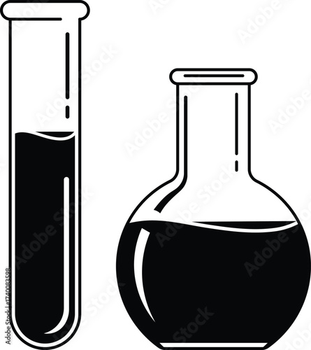 Black and white illustration of laboratory glassware with liquid test tube flask