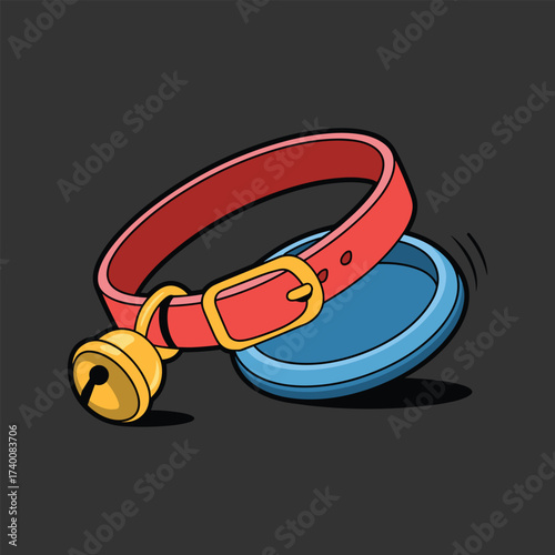 Cartoon Dog Collar with Bell and Blue Disc on Dark Background Keywords: dog collar, cat collar, pet