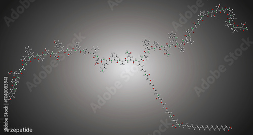 Tirzepatide molecule. Dual GIP and GLP-1 receptor agonist peptide drug for treatment of type 2 diabetes and obesity. Molecular model. 3D rendering. Illustration
