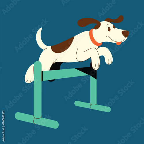 Cartoon dog jumping over an agility hurdle on a teal background puppy canine