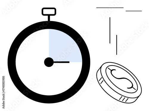 Stopwatch tracking time alongside a coin illustrating financial value, efficiency, and planning. Ideal for time management, productivity, budgeting, resource allocation, deadlines, strategy simple