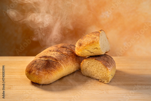 Pani appena sfornati su tavola di legno chiara con fumo di vapore caldo