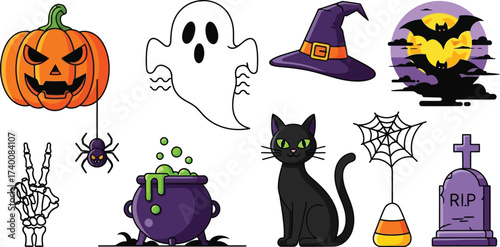 Spooky Halloween icons including a pumpkin, ghost, witch hat, black cat, cauldron, and tombstone.
