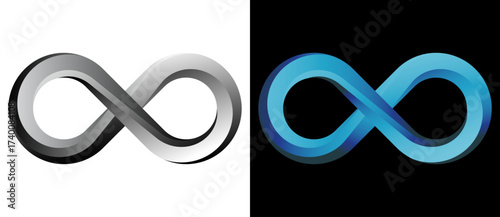 Spiral with lines as abstract infinity symbol. Grey shape on a white background and the same blue shape on the black side.