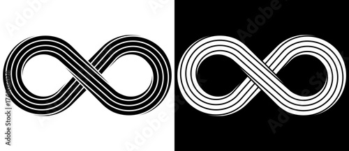 Spiral with lines as abstract infinity symbol. Black shape on a white background and the same white shape on the black side.