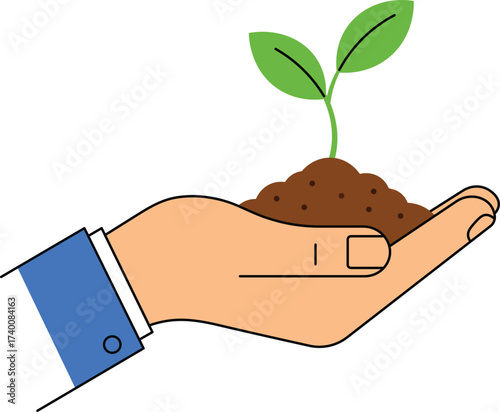 Hand holding soil with green seedling growing dirt