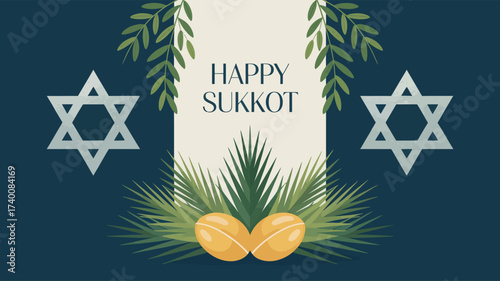  Festive Happy Sukkot design with Stars of David, etrog, palm fronds, and hanging foliage on dark background, honoring Jewish harvest rituals