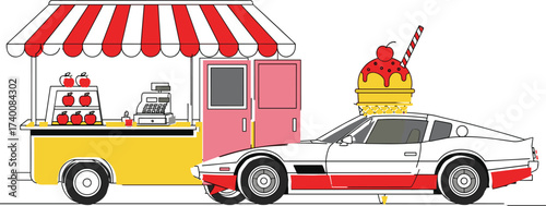 Ice cream truck illustration, sports car with sundae, colorful vector art, dessert theme, whimsical food scene, white background, summer vibe
