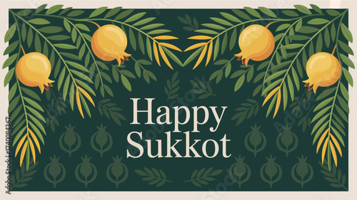 Happy Sukkot greeting with golden pomegranates and green foliage on dark background, celebrating Jewish harvest, nature, and festive tradition 