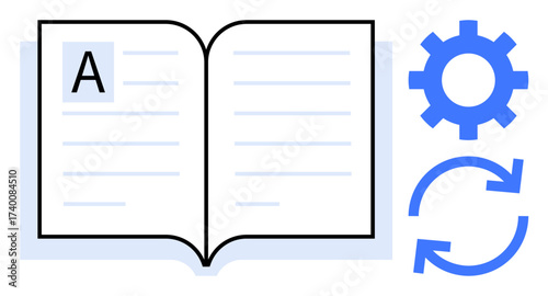 Open book with text alongside gear and refresh arrow illustrating learning, continuous updates, and process improvement. Ideal for education, revision, innovation, system upgrade, automation