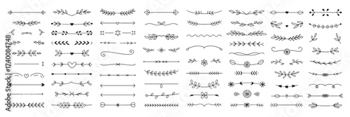 Extensive collection of decorative graphic dividers, elegant text separators, horizontal line ornaments, and various ornate flourishes, ideal for vintage and modern design projects